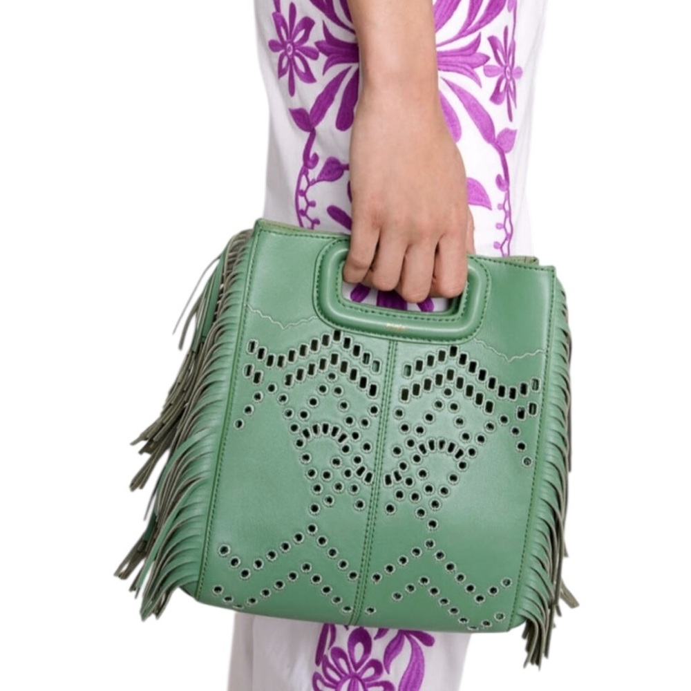 Maje Green Perforated Fringed Leather M Bag Convertible Clutch or Crossbody NWT - Picture 2 of 11